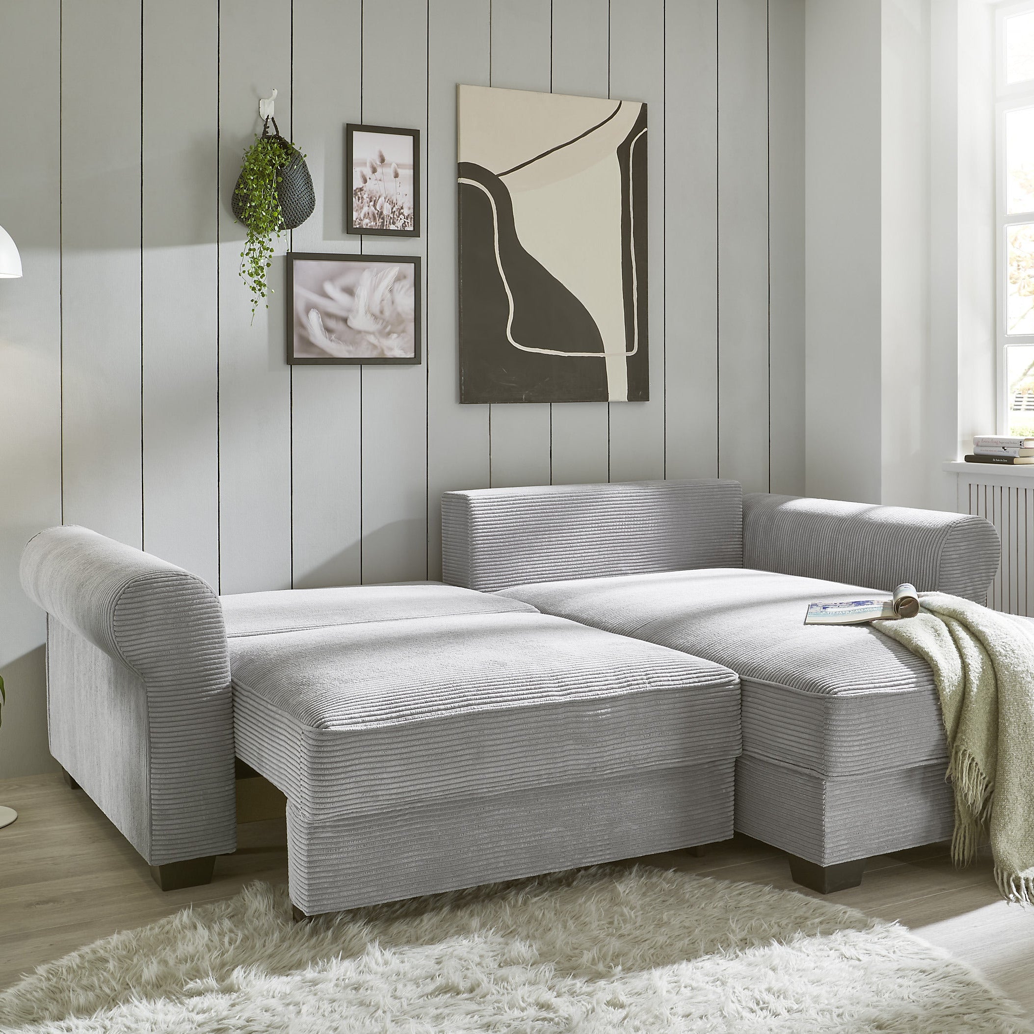 Ecksofa Cord Hellgrau Inklusive Bettkasten und Schlaffunktion