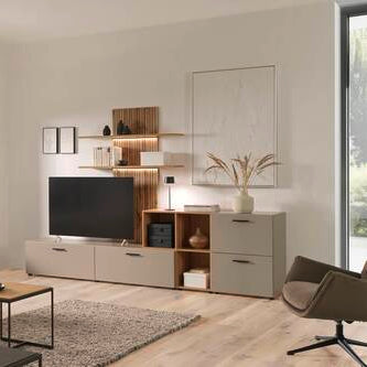 Wohnwand Grau mit Akkustikpaneel und Regal